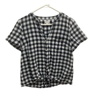 J Crew cotton short sleeve blouse tie black white check gingham lightweight